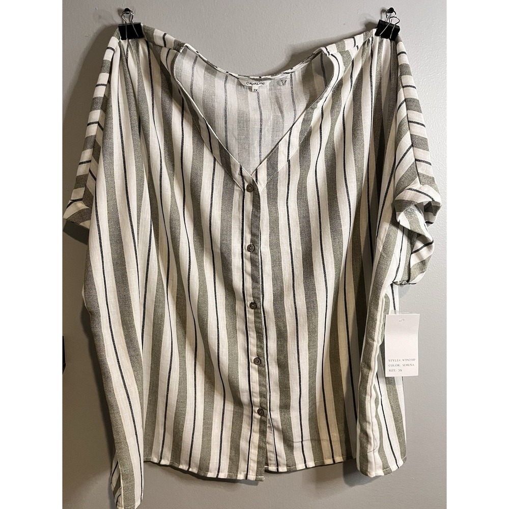 Cavalini Women's Short-Sleeved Striped Button-Down Blouse Size 3XL Striped NWT